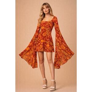 Cider Retro Floral Mini Dress 🌼 Bell Sleeve Boho XS 70s Vibes